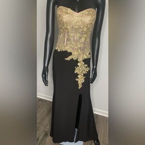 Strapless Black Prom Gown with Gold Lace Bodice